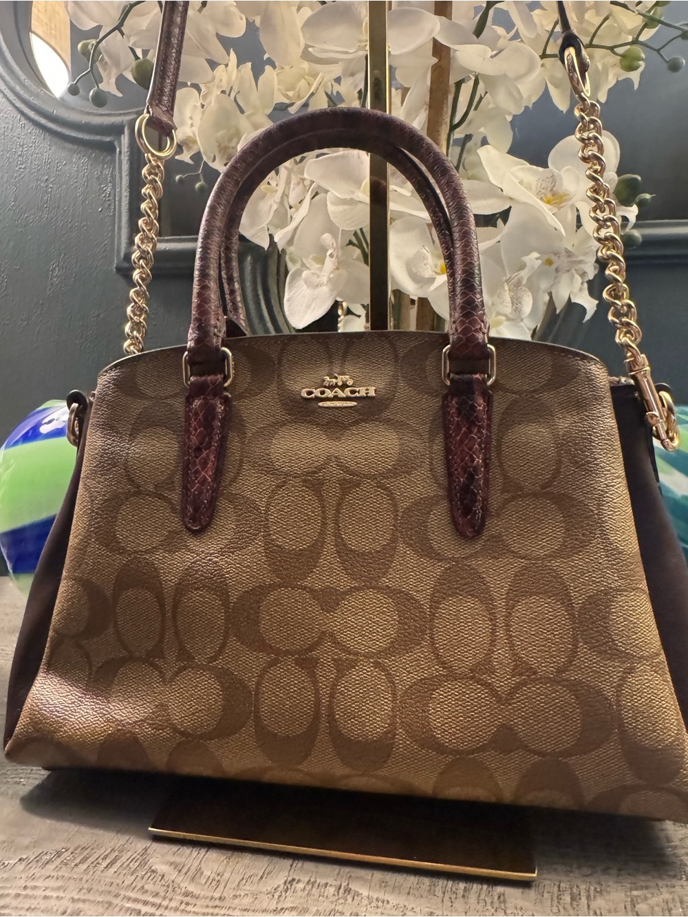 Coach Signature Canvas Satchel Dark Brown Leather Trim Snake Pattern Strap